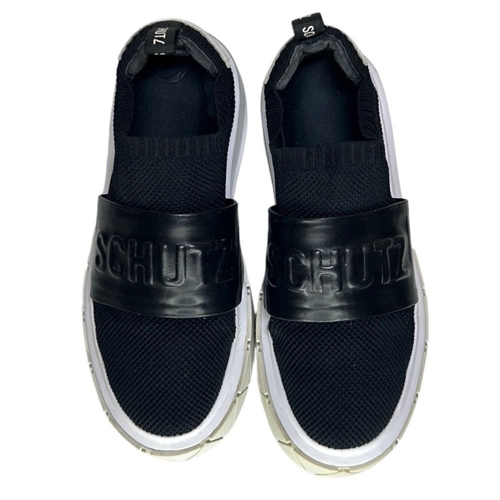 Schutz - Tennis Platform Shoes w/ Logo Strap, Knit, Slip On - Size 7.5, Black - Picture 5 of 16